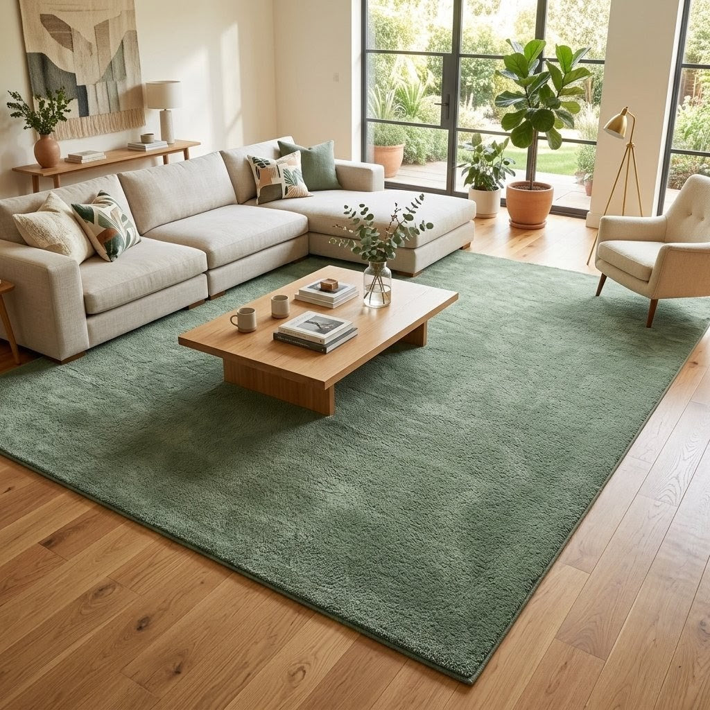 Premium Solid Olive Green Hand Tufted Wool Carpet | Modern Luxury Minimalist Area Rug for Living Room & Bedroom
