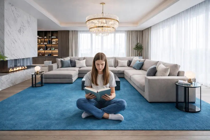 Modern Solid Blue Hand Tufted Rug | Luxury Plush Area Carpet for Living Room, Bedroom & Contemporary Home Interiors