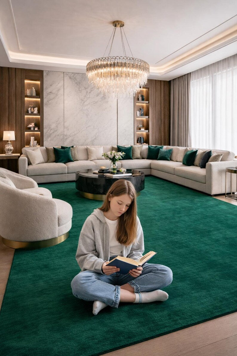Solid Emerald Green Area Rug – Hand Tufted Plush Carpet for Living Room, Modern Contemporary Bedroom & Home Decor