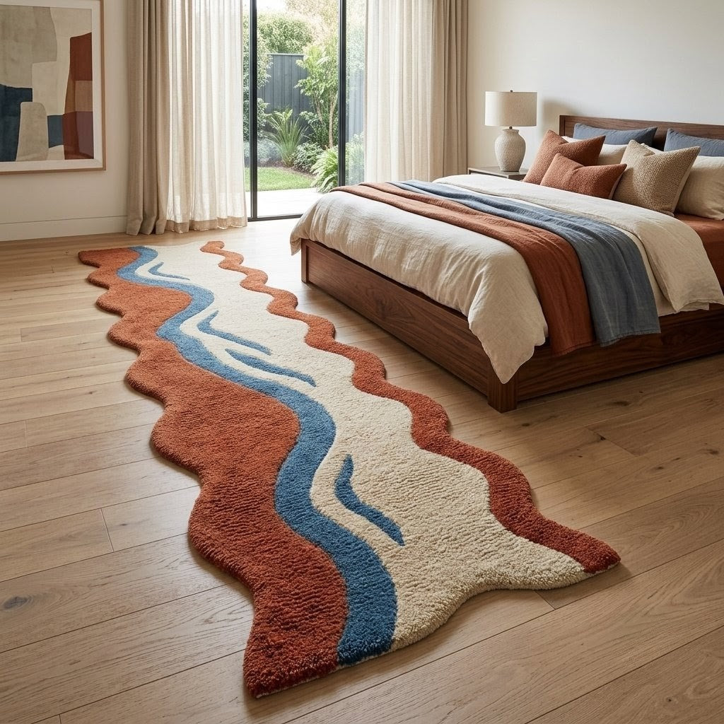 Hand Tufted Abstract Runner Rug – Terracotta Blue & Cream Wavy Area Rug, Modern Organic Shaped Hallway Carpet