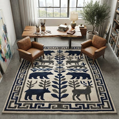 Wildlife Hand Tufted Rug – Bear & Deer Forest Wool Area Rug, Scandinavian Folk Art Rug, Rustic Cabin Decor
