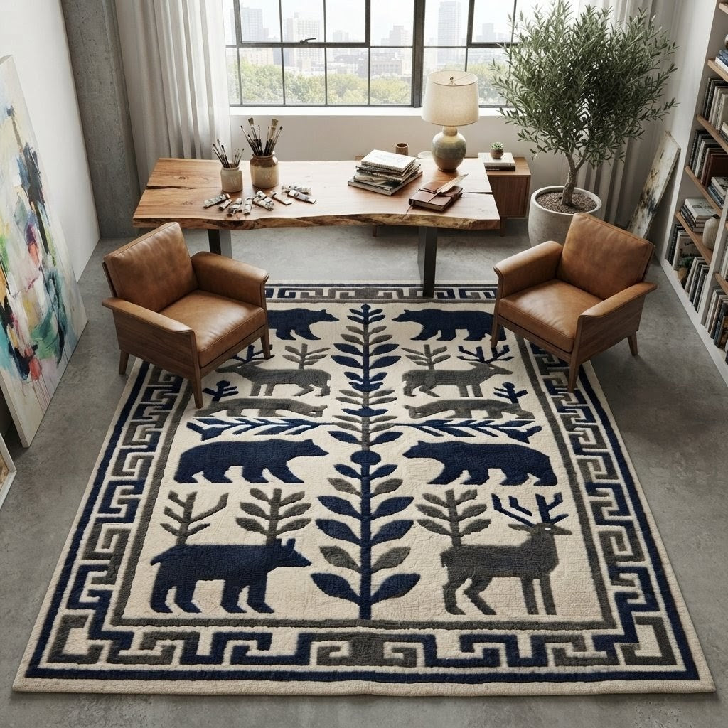 Wildlife Hand Tufted Rug – Bear & Deer Forest Wool Area Rug, Scandinavian Folk Art Rug, Rustic Cabin Decor