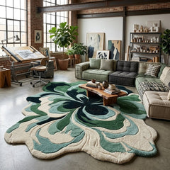 Green & Navy Botanical Flower Rug, Organic Shaped Statement Rug for Living Room & Bedroom