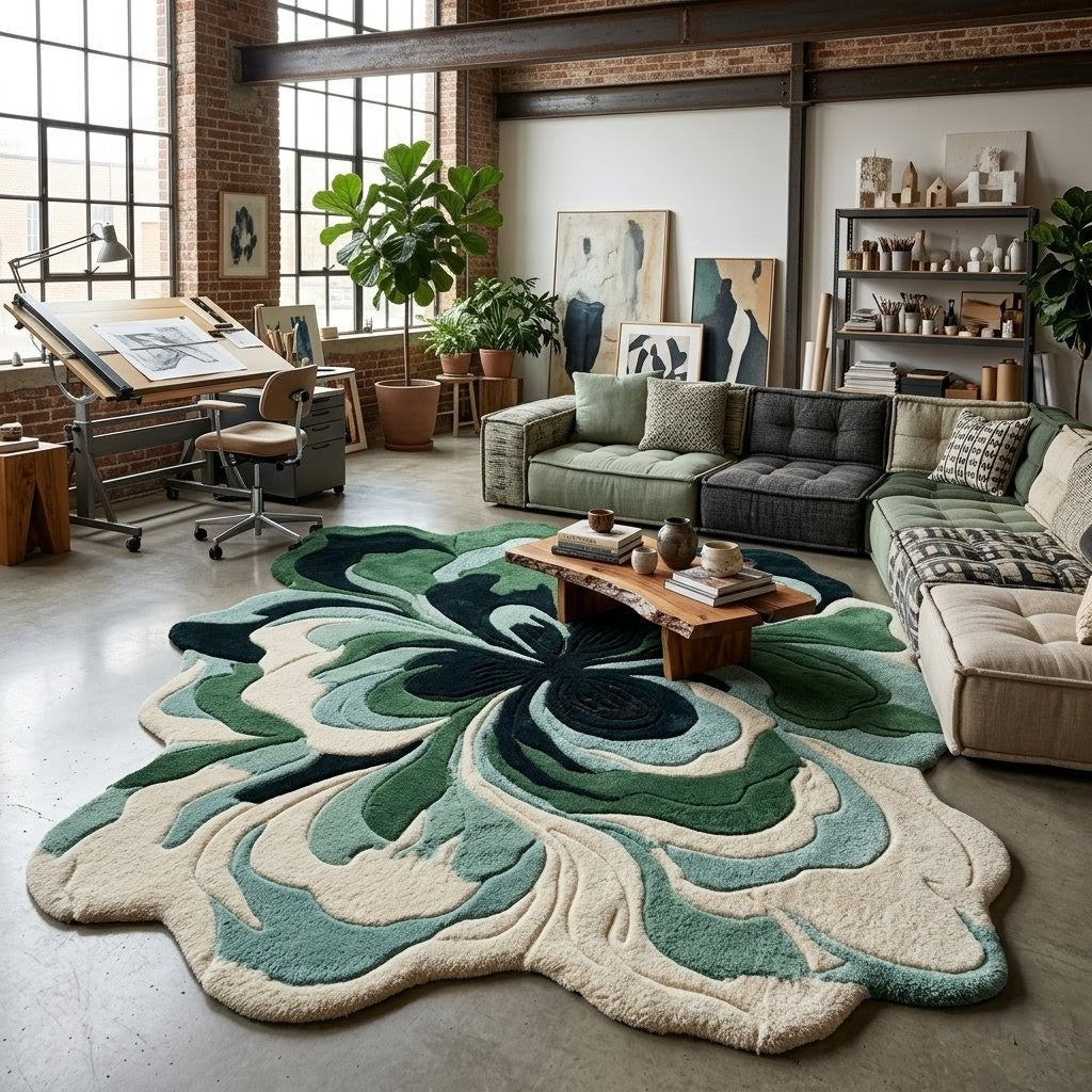 Green & Navy Botanical Flower Rug, Organic Shaped Statement Rug for Living Room & Bedroom