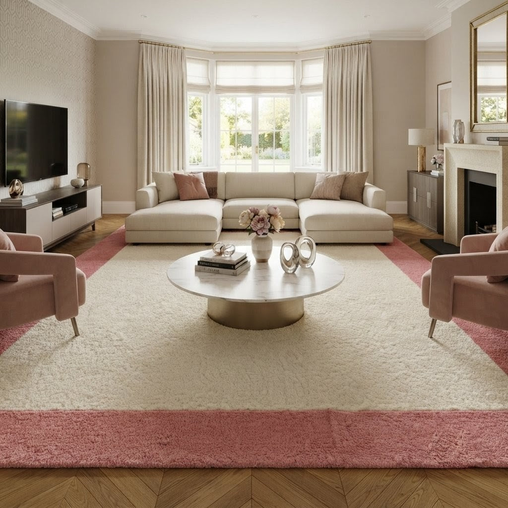 Blush Pink & Ivory Border Area Rug – Hand-Tufted Modern Wool Rug