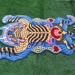 Blue Tiger Shape Area Rug | Hand Tufted New Zealand Wool Abstract Animal Rug | Modern Statement Carpet