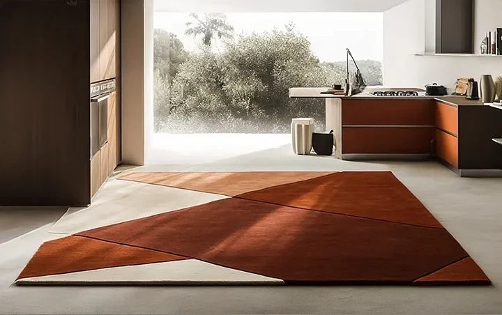 Modern Geometric Hand-Tufted Wool Rug | Luxury Designer Carpet in Terracotta, Rust & Cream for Living Room & Bedroom