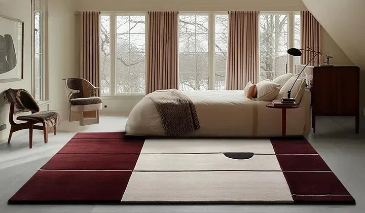 Hand Tufted Premium Color-Block Wool Carpet | Modern Burgundy & Cream Area Rug for Living Room & Bedroom