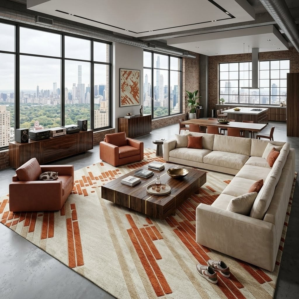 Modern Abstract Terracotta Rug – Cream & Rust Geometric Area Rug, Contemporary Handmade Rug for Living Room & Bedroom