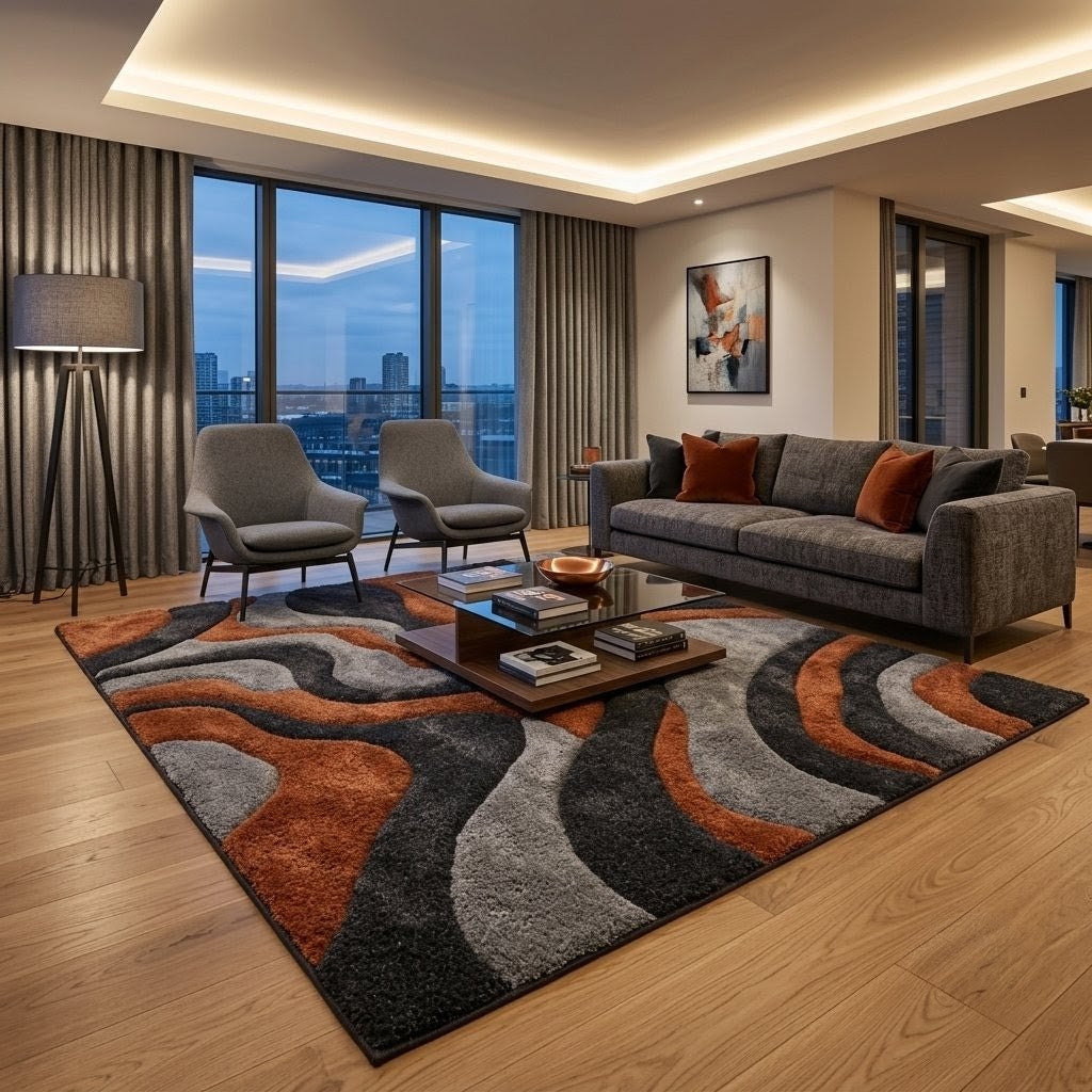 Modern Abstract Wave Rug – Rust Orange, Charcoal & Grey Hand Tufted Wool Area Rug