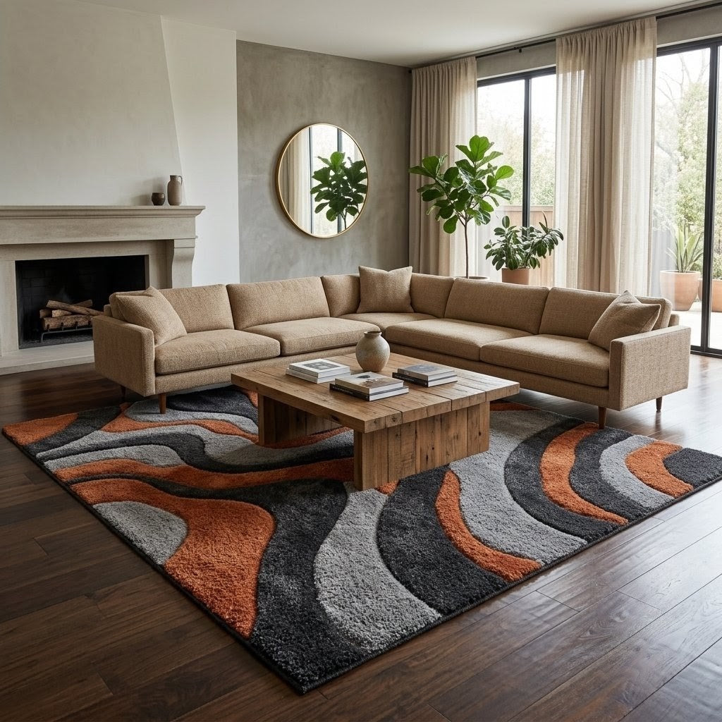 Modern Abstract Wave Rug – Rust Orange, Charcoal & Grey Hand Tufted Wool Area Rug
