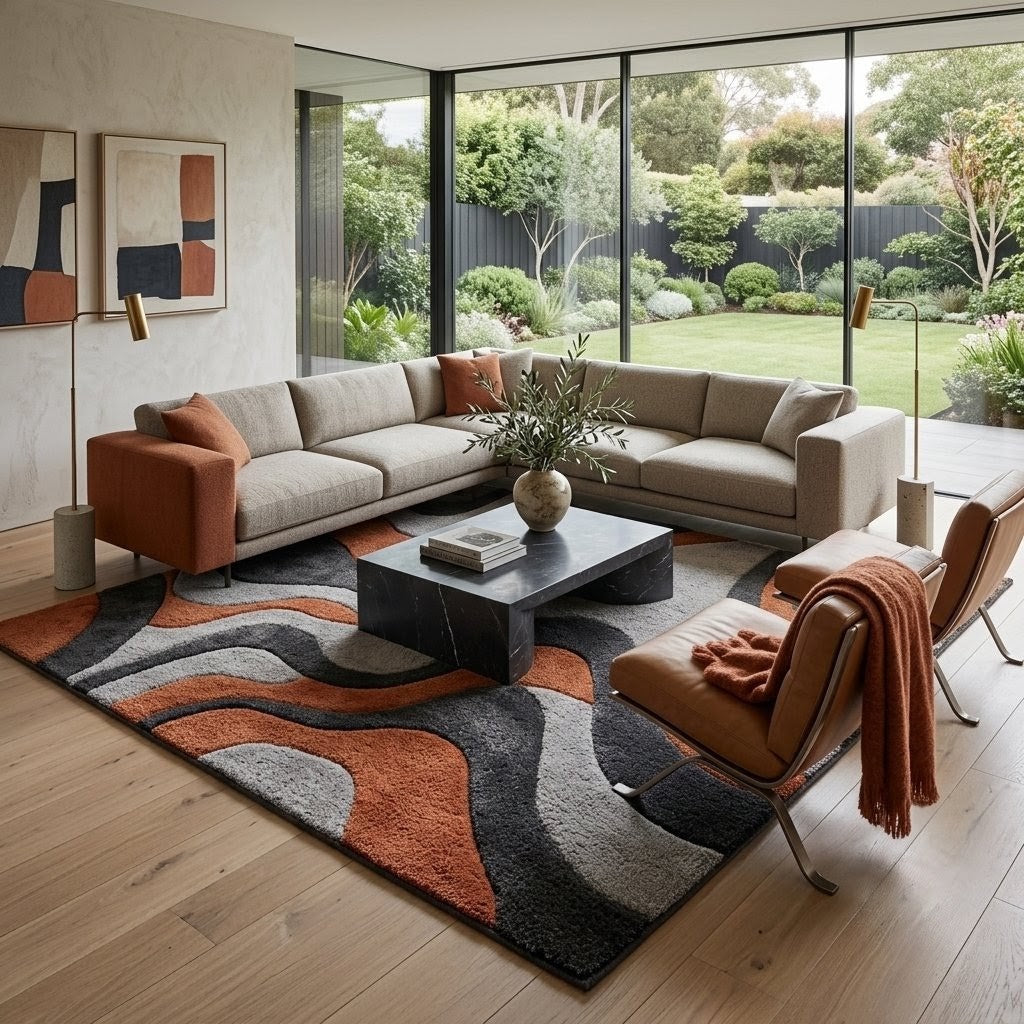 Modern Abstract Wave Rug – Rust Orange, Charcoal & Grey Hand Tufted Wool Area Rug
