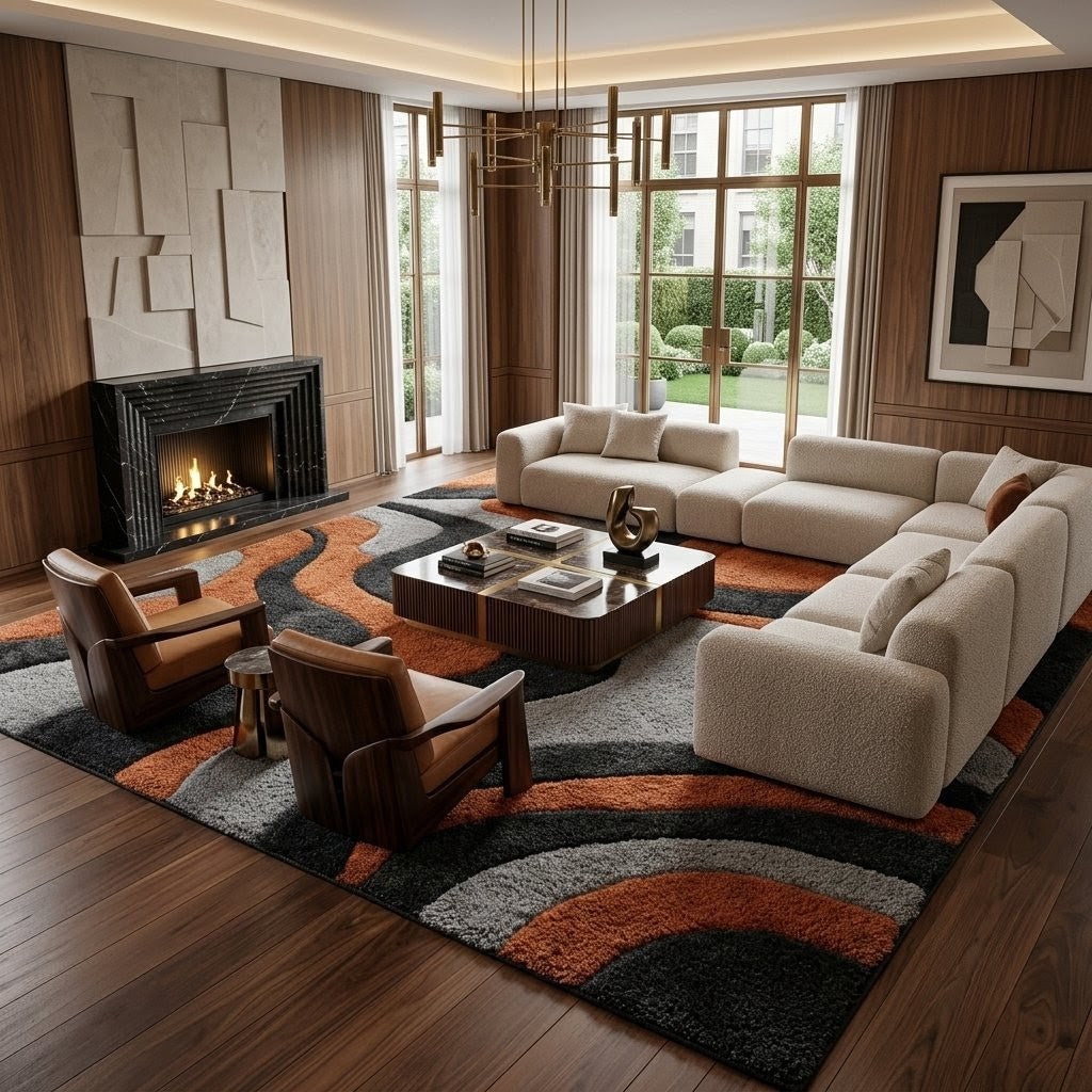 Modern Abstract Wave Rug – Rust Orange, Charcoal & Grey Hand Tufted Wool Area Rug