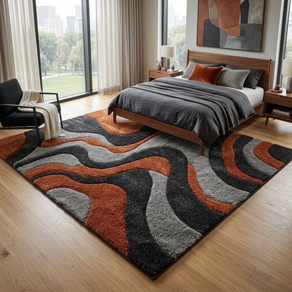 Modern Abstract Wave Rug – Rust Orange, Charcoal & Grey Hand Tufted Wool Area Rug