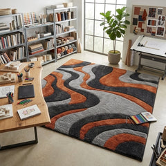 Modern Abstract Wave Rug – Rust Orange, Charcoal & Grey Hand Tufted Wool Area Rug