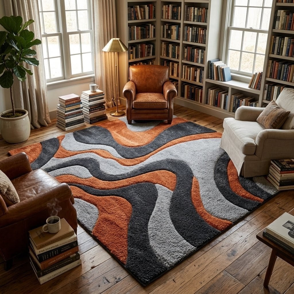 Modern Abstract Wave Rug – Rust Orange, Charcoal & Grey Hand Tufted Wool Area Rug