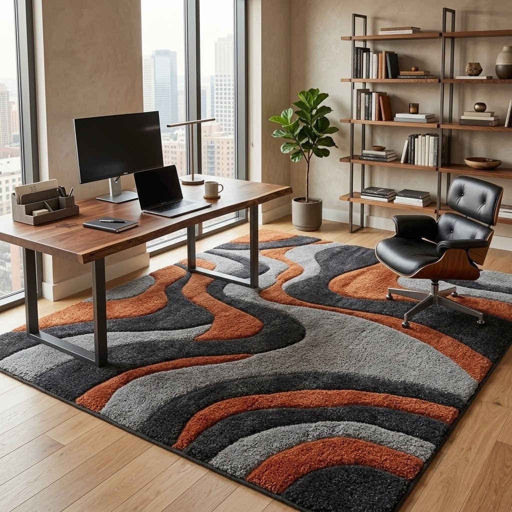Modern Abstract Wave Rug – Rust Orange, Charcoal & Grey Hand Tufted Wool Area Rug
