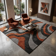 Modern Abstract Wave Rug – Rust Orange, Charcoal & Grey Hand Tufted Wool Area Rug