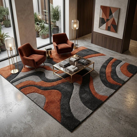 Modern Abstract Wave Rug – Rust Orange, Charcoal & Grey Hand Tufted Wool Area Rug