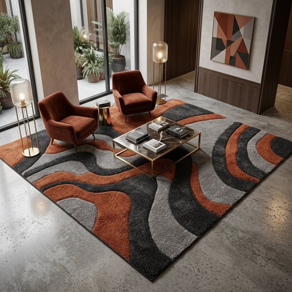 Modern Abstract Wave Rug – Rust Orange, Charcoal & Grey Hand Tufted Wool Area Rug