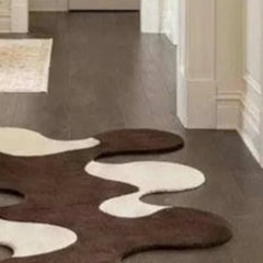 Modern abstract hallway runner rug in brown and white, hand-tufted from New Zealand wool