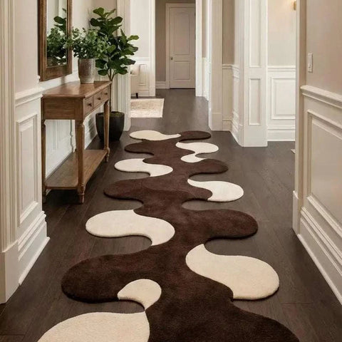 Hand-tufted modern abstract hallway runner rug in brown and white New Zealand wool