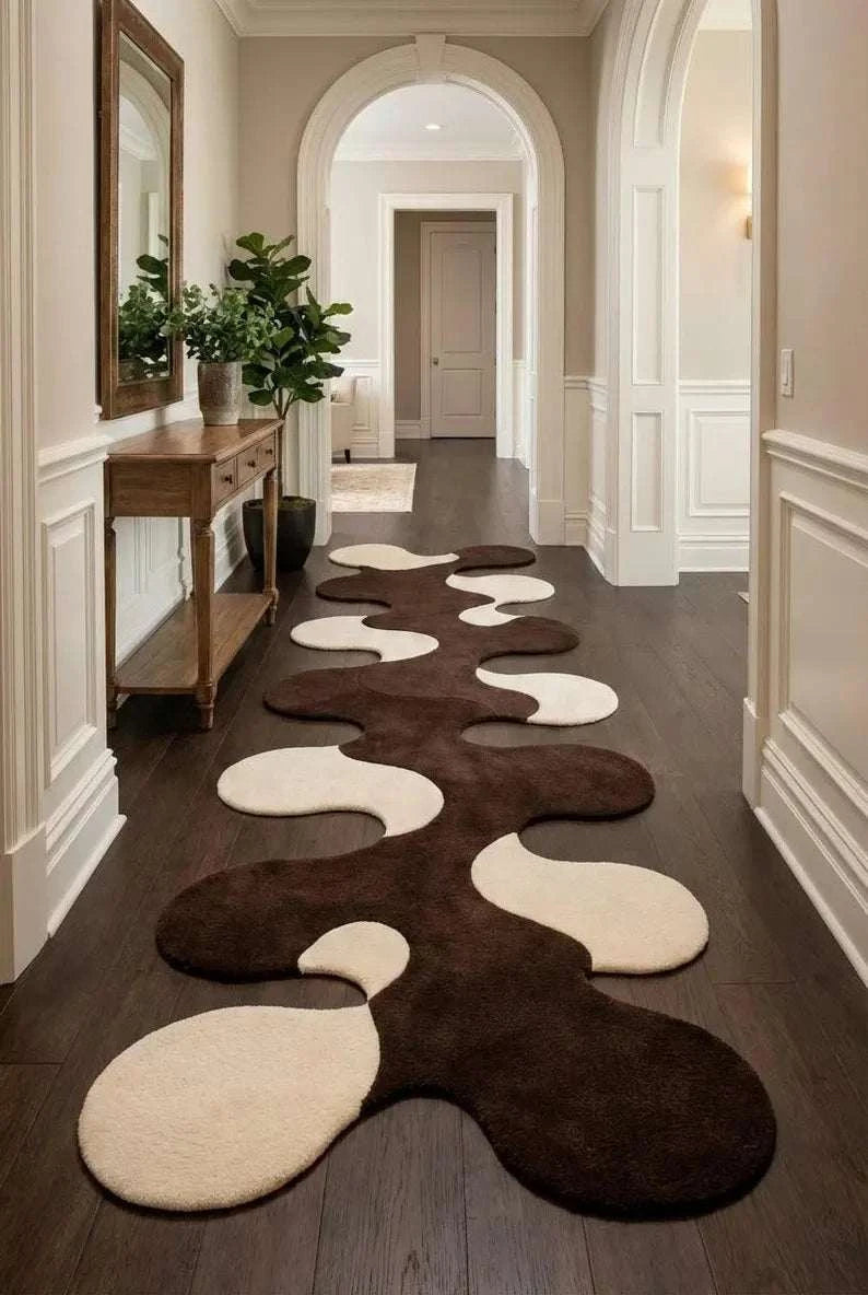 Hand-tufted modern abstract hallway runner rug in brown and white New Zealand wool