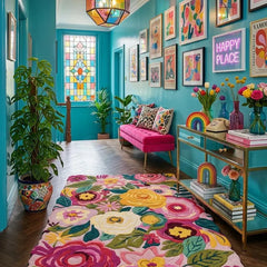 Pink Floral Irregular Rug, Hand Tufted Plush Botanical Carpet, Maximalist Home Decor
