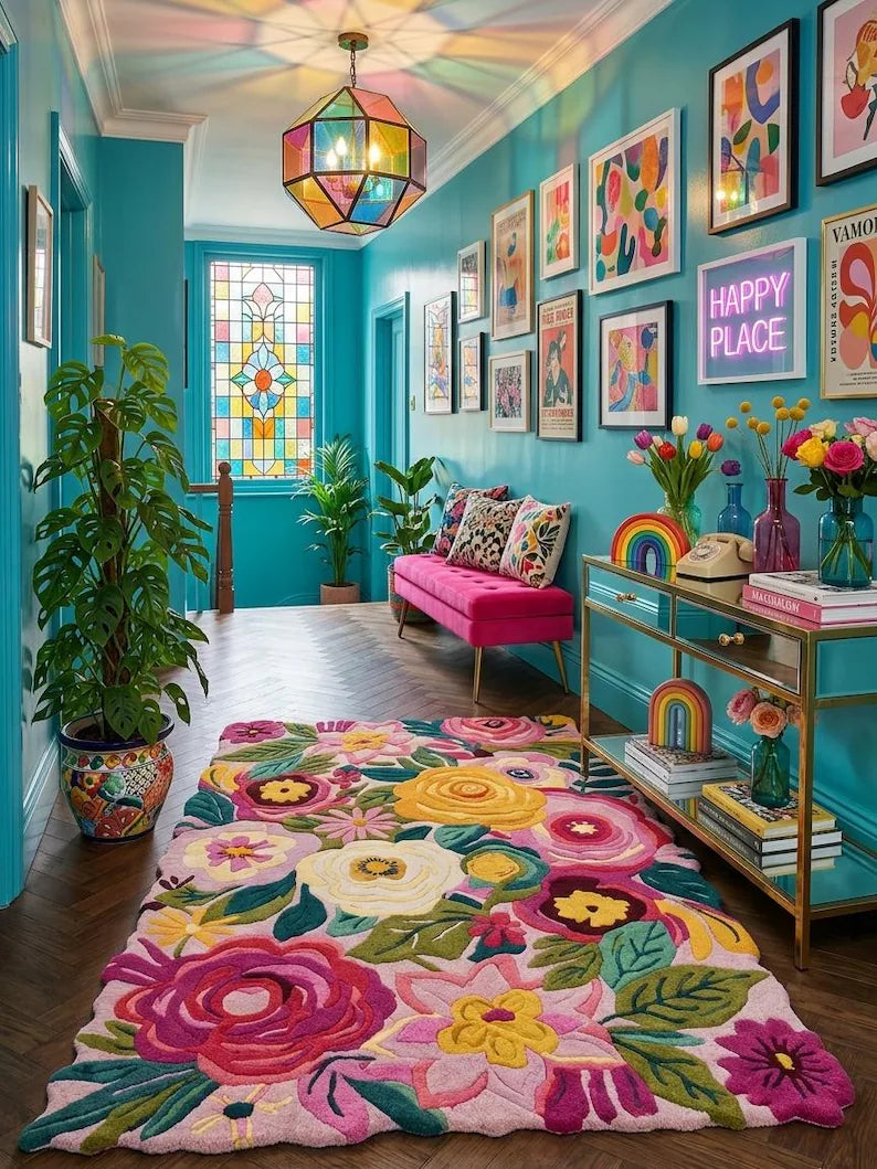 Pink Floral Irregular Rug, Hand Tufted Plush Botanical Carpet, Maximalist Home Decor